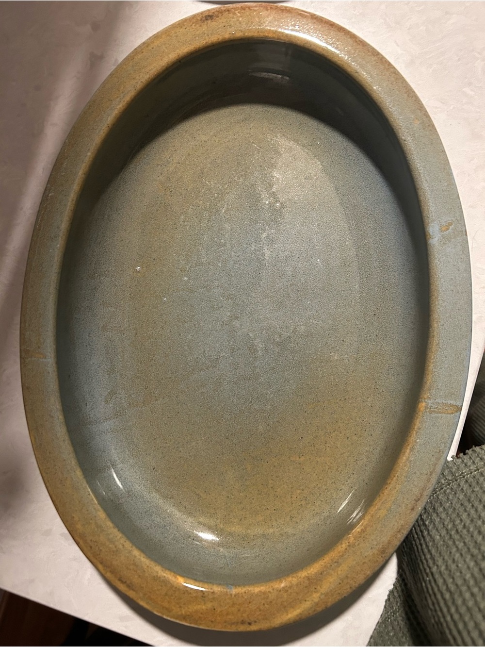 Oval Ceramic Baking Dish in Blue-Green and Tan